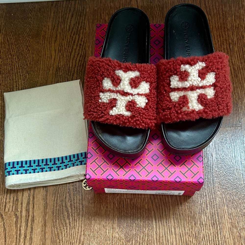 Tory Burch Double T Fuzzy Shearling Platform Slides Sandals Slippers